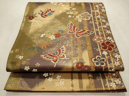 平和屋着物◎六通柄袋帯 唐織 舞蝶花文 金糸 正絹 逸品 CABD2133qe
