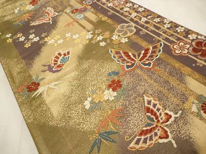 平和屋着物◎六通柄袋帯 唐織 舞蝶花文 金糸 正絹 逸品 CABD2133qe