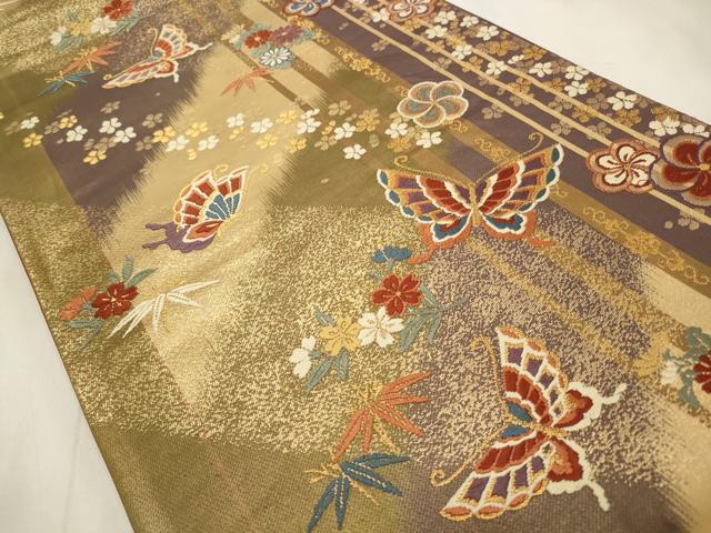 平和屋着物◎六通柄袋帯 唐織 舞蝶花文 金糸 正絹 逸品 CABD2133qe
