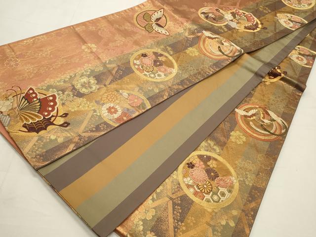 平和屋着物◎全通柄袋帯 唐織 花蝶丸文 金糸 正絹 逸品 CABD2135qe