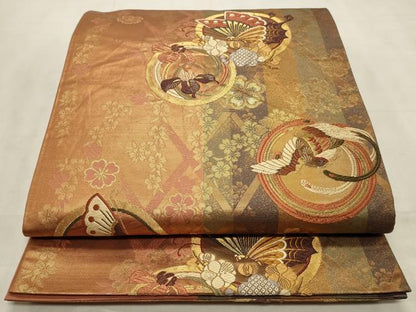 平和屋着物◎全通柄袋帯 唐織 花蝶丸文 金糸 正絹 逸品 CABD2135qe