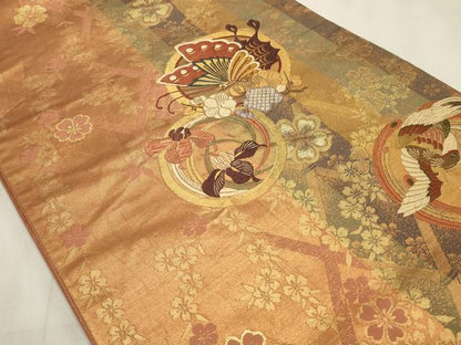 平和屋着物◎全通柄袋帯 唐織 花蝶丸文 金糸 正絹 逸品 CABD2135qe