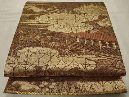 平和屋着物◎六通柄袋帯 風景文 金糸 正絹 逸品 CABD2158qe