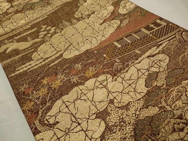 平和屋着物◎六通柄袋帯 風景文 金糸 正絹 逸品 CABD2158qe