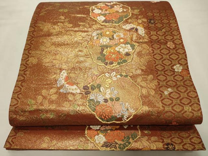 平和屋着物◎六通柄袋帯 唐織 舞蝶花文 金糸 正絹 逸品 CABD2159qe