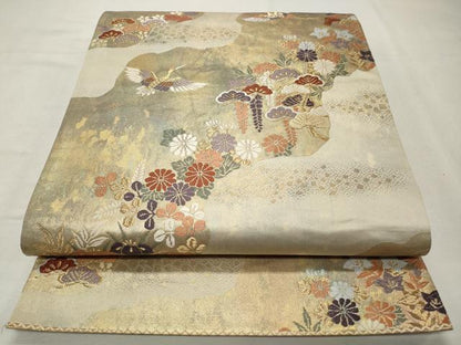 平和屋着物◎六通柄袋帯　唐織　飛鶴花文　金糸　正絹　逸品　CABD2169qe