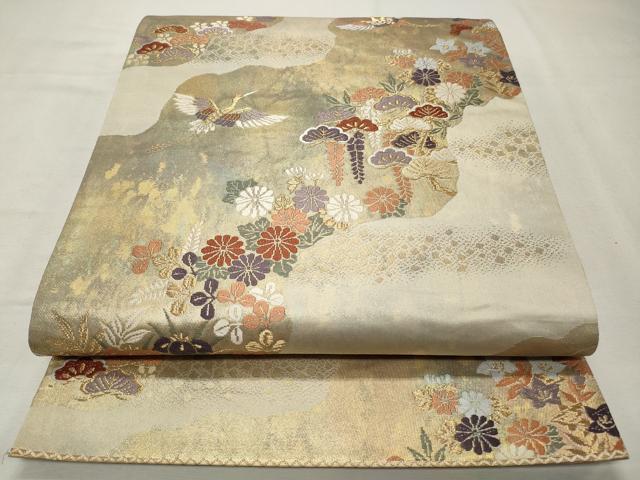 平和屋着物◎六通柄袋帯　唐織　飛鶴花文　金糸　正絹　逸品　CABD2169qe