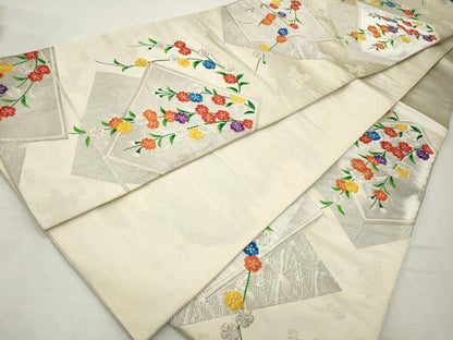 平和屋着物◎六通柄袋帯 唐織 色紙花文 銀糸 正絹 逸品 CABD2172qe