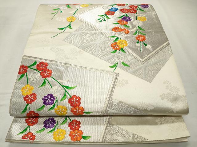 平和屋着物◎六通柄袋帯 唐織 色紙花文 銀糸 正絹 逸品 CABD2172qe