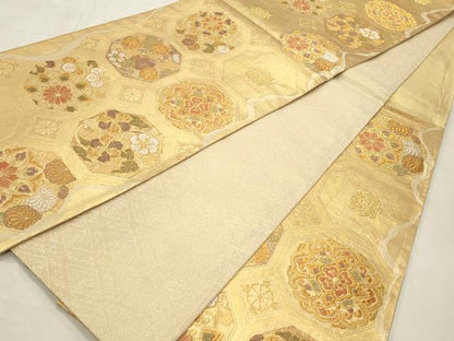 平和屋着物◎六通柄袋帯 唐織 亀甲花文 金銀糸 正絹 逸品 CABD2175qe