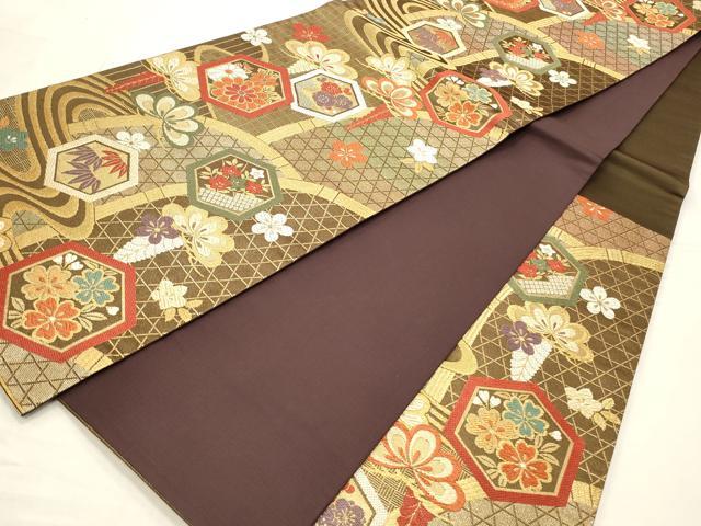 平和屋着物◎六通柄袋帯 唐織 亀甲花文 金銀糸 正絹 逸品 CABD2192qe