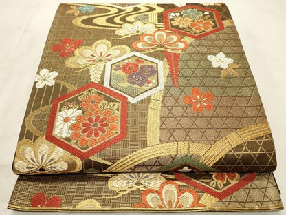 平和屋着物◎六通柄袋帯 唐織 亀甲花文 金銀糸 正絹 逸品 CABD2192qe