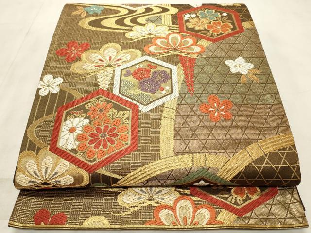 平和屋着物◎六通柄袋帯 唐織 亀甲花文 金銀糸 正絹 逸品 CABD2192qe