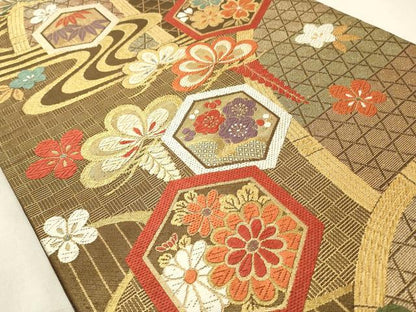 平和屋着物◎六通柄袋帯 唐織 亀甲花文 金銀糸 正絹 逸品 CABD2192qe