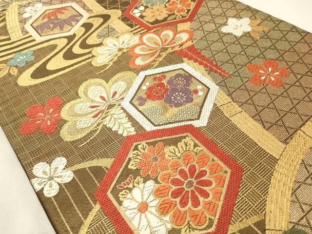 平和屋着物◎六通柄袋帯 唐織 亀甲花文 金銀糸 正絹 逸品 CABD2192qe