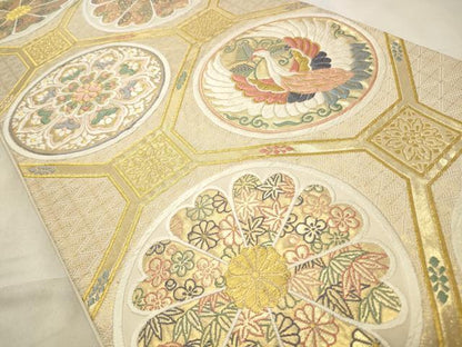 平和屋着物◎六通柄袋帯 唐織 飛鶴花文 金糸 正絹 逸品 CABD2193qe