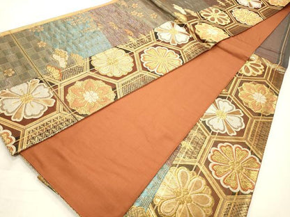 平和屋着物◎六通柄袋帯　亀甲花文　金糸　正絹　逸品　CABD2204qe