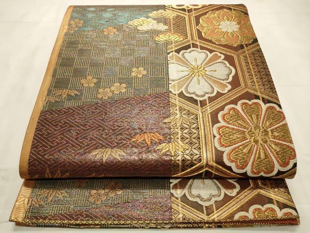 平和屋着物◎六通柄袋帯　亀甲花文　金糸　正絹　逸品　CABD2204qe