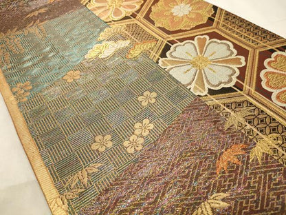 平和屋着物◎六通柄袋帯　亀甲花文　金糸　正絹　逸品　CABD2204qe