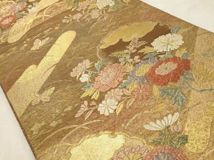 平和屋着物◎六通柄袋帯　唐織　雪輪花文　金糸　正絹　逸品　CABD2224qe