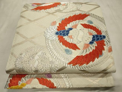 平和屋着物◎六通柄袋帯　双鳥文　銀糸　正絹　逸品　CABD2237qe