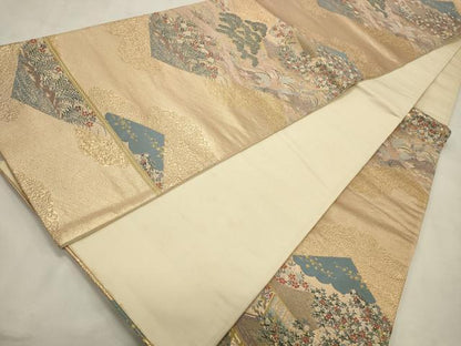 平和屋着物◎六通柄袋帯　風景花文　金糸　正絹　逸品　CABD2240qe