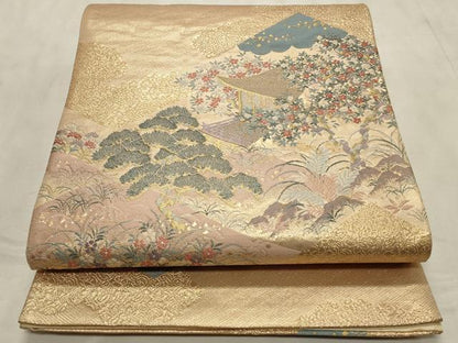 平和屋着物◎六通柄袋帯　風景花文　金糸　正絹　逸品　CABD2240qe