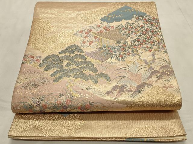 平和屋着物◎六通柄袋帯　風景花文　金糸　正絹　逸品　CABD2240qe