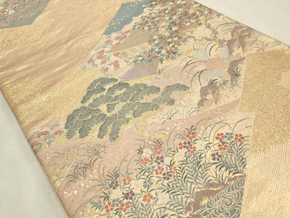 平和屋着物◎六通柄袋帯　風景花文　金糸　正絹　逸品　CABD2240qe