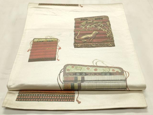 平和屋着物◎全通柄袋帯　鎧縅　猫　正絹　逸品　CABD2241qe