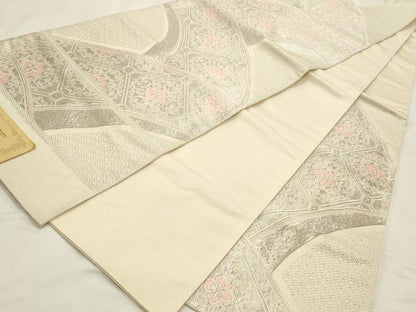 平和屋着物◎六通柄袋帯　唐織　吉祥花文　銀糸　正絹　逸品　CABD2242qe
