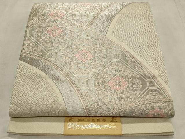 平和屋着物◎六通柄袋帯　唐織　吉祥花文　銀糸　正絹　逸品　CABD2242qe