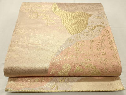 平和屋着物◎六通柄袋帯 風景文 金糸 正絹 逸品 CABD2273qe