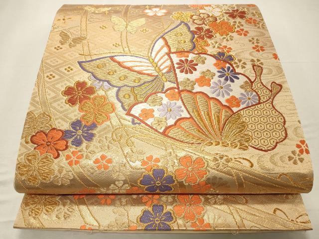 平和屋着物◎六通柄袋帯 唐織 花蝶文 金糸 正絹 逸品 CABD2277qe