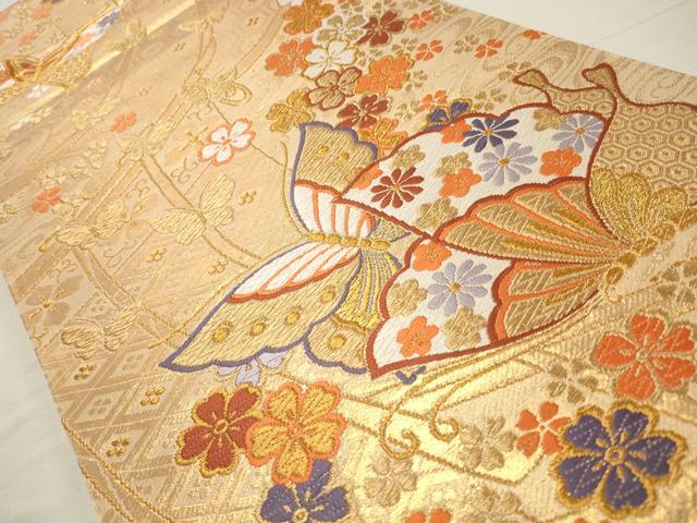 平和屋着物◎六通柄袋帯 唐織 花蝶文 金糸 正絹 逸品 CABD2277qe