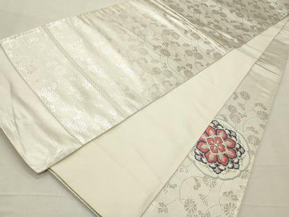 平和屋着物◎西陣 太鼓柄袋帯 唐織 絵皿花文 銀糸 正絹 逸品 CABD2279qe