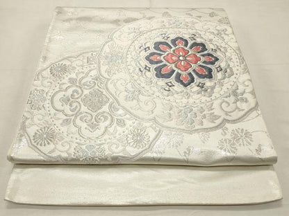 平和屋着物◎西陣 太鼓柄袋帯 唐織 絵皿花文 銀糸 正絹 逸品 CABD2279qe