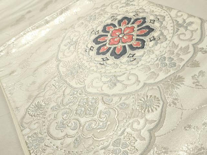 平和屋着物◎西陣 太鼓柄袋帯 唐織 絵皿花文 銀糸 正絹 逸品 CABD2279qe