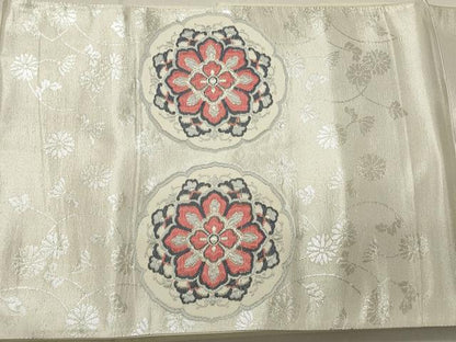 平和屋着物◎西陣 太鼓柄袋帯 唐織 絵皿花文 銀糸 正絹 逸品 CABD2279qe