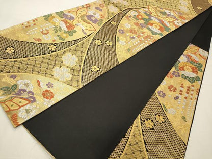 平和屋着物◎六通柄袋帯 唐織 花蝶文 黒地 金糸 正絹 逸品 CABD2287qe