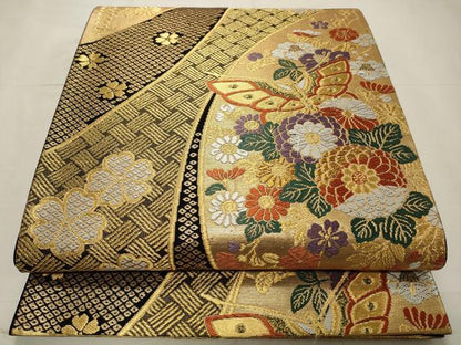 平和屋着物◎六通柄袋帯 唐織 花蝶文 黒地 金糸 正絹 逸品 CABD2287qe