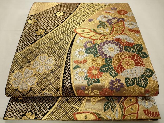 平和屋着物◎六通柄袋帯 唐織 花蝶文 黒地 金糸 正絹 逸品 CABD2287qe