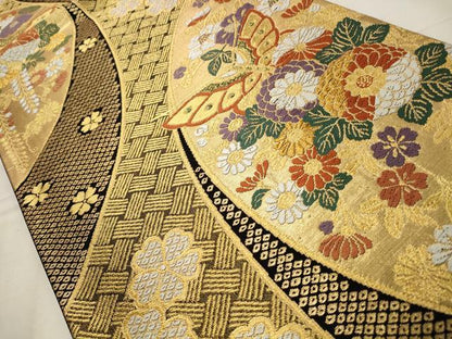 平和屋着物◎六通柄袋帯 唐織 花蝶文 黒地 金糸 正絹 逸品 CABD2287qe