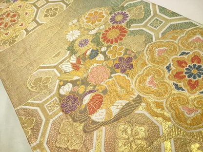 平和屋着物◎六通柄袋帯 花華文 金糸 正絹 逸品 CABD2294qe
