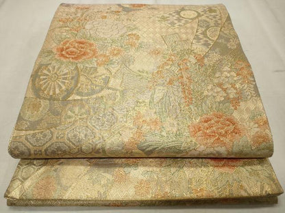 平和屋着物◎佐賀錦　六通柄袋帯　束ね熨斗花車文　金糸　正絹　逸品　CABD2301qe
