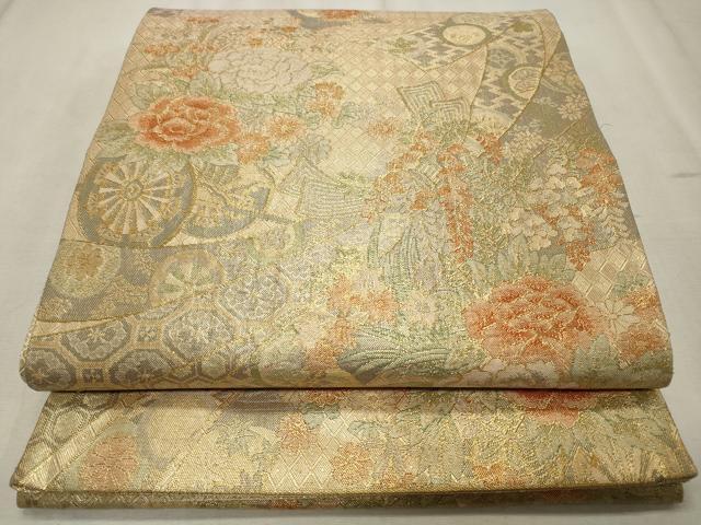 平和屋着物◎佐賀錦　六通柄袋帯　束ね熨斗花車文　金糸　正絹　逸品　CABD2301qe