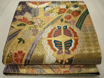 平和屋着物◎六通柄袋帯　唐織　花蝶丸文　金銀糸　正絹　逸品　CABD2304qe
