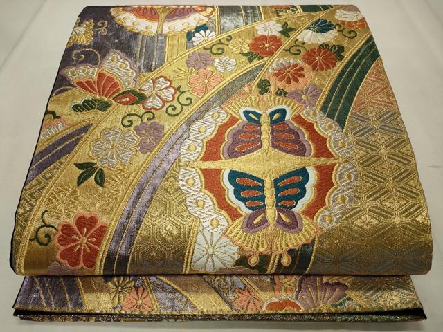 平和屋着物◎六通柄袋帯　唐織　花蝶丸文　金銀糸　正絹　逸品　CABD2304qe
