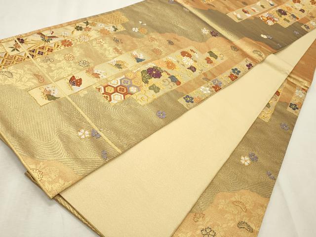 平和屋着物◎六通柄袋帯　唐織　短冊花蝶文　金糸　正絹　逸品　CABD2314qe