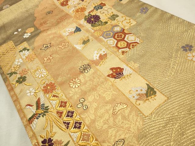 平和屋着物◎六通柄袋帯　唐織　短冊花蝶文　金糸　正絹　逸品　CABD2314qe